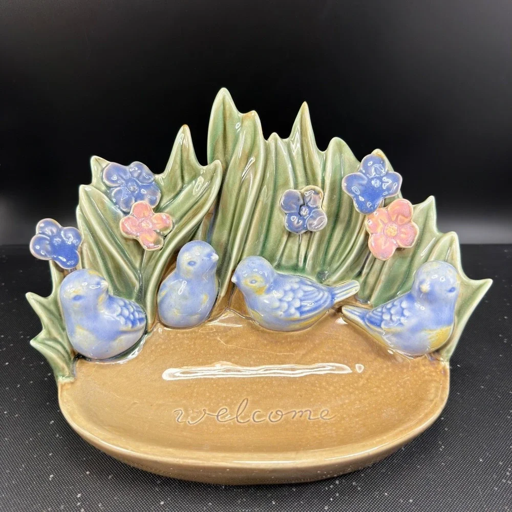 Ceramic Bluebird Welcome Sign Garden‎ Decor Blue Birds Flowers Bowl Dish 9 Inch